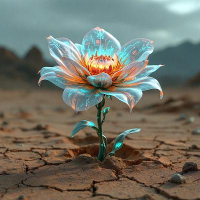 The primary subject of the image is a single, beautifully colored flower, which appears to be a blue orchid. The flower is growing in a dirt field, surrounded by a rocky landscape. The visual style of the image is a combination of photo and digital art, creating a unique and captivating scene. The dominant colors in the image are blue and orange, giving the flower a striking and vibrant appearance. The overall atmosphere of the image is serene and natural, with the flower standing out as the focal point in